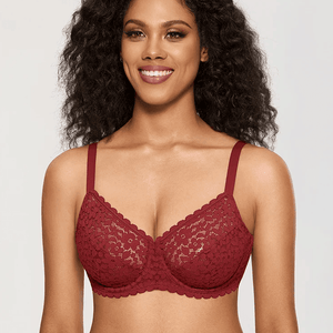 Side angle showing molded padded cup, adjustable strap, and smooth burgundy band for fuller bust support - MissFine