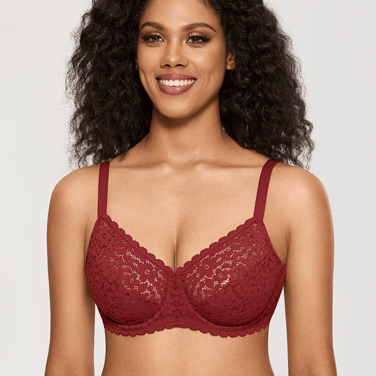 Side angle showing molded padded cup, adjustable strap, and smooth burgundy band for fuller bust support - MissFine