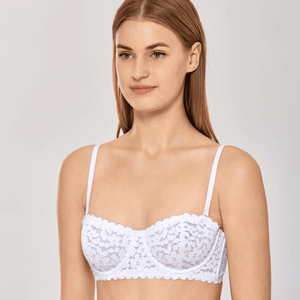 Front view of red lace strapless underwired bra with padded demi cups and scalloped edges - MissFine