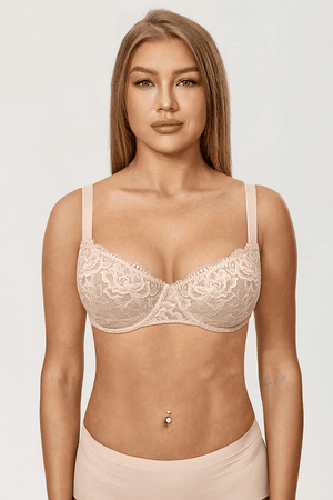 Back view of nude plus size lace bra with wide band and hook-and-eye back closure - MissFine