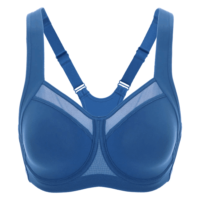 Side angle of blue underwire sports bra showing wide adjustable straps and breathable mesh panel - MissFine