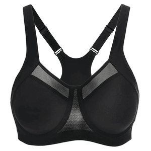 Back view of black racerback sports bra featuring mesh detail and supportive elastic underband - MissFine