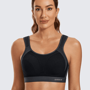 Side angle showing wide underband and racerback straps on blue full cup sports bra for plus size - MissFine