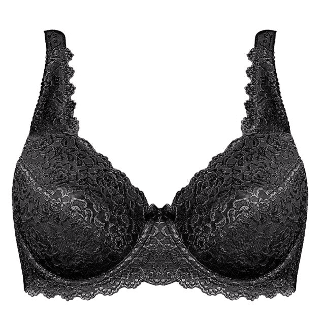 Side angle showing wide adjustable straps and full coverage lace cups in light pink - MissFine