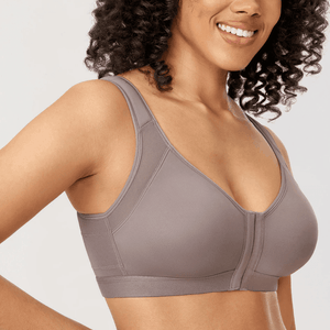 Front view of taupe wireless full coverage front closure bra on model - MissFine
