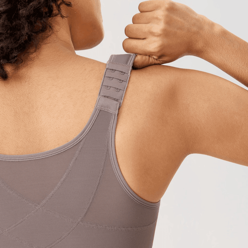 Side angle showing wide padded straps and smooth minimizer cups in gray bra - MissFine