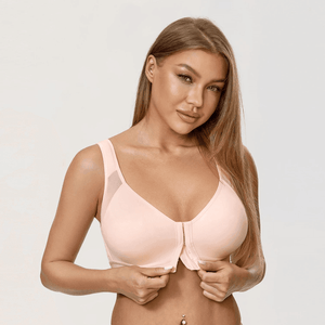 Front view of baby pink plus size front closure bra with smooth molded cups and wide straps - MissFine