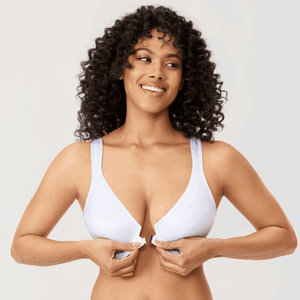 Front view of plus size white front closure bra with plunge neckline and smooth cups - MissFine