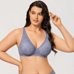 Front view of green lace full cup underwire bra with plunge neckline and padded cups - MissFine