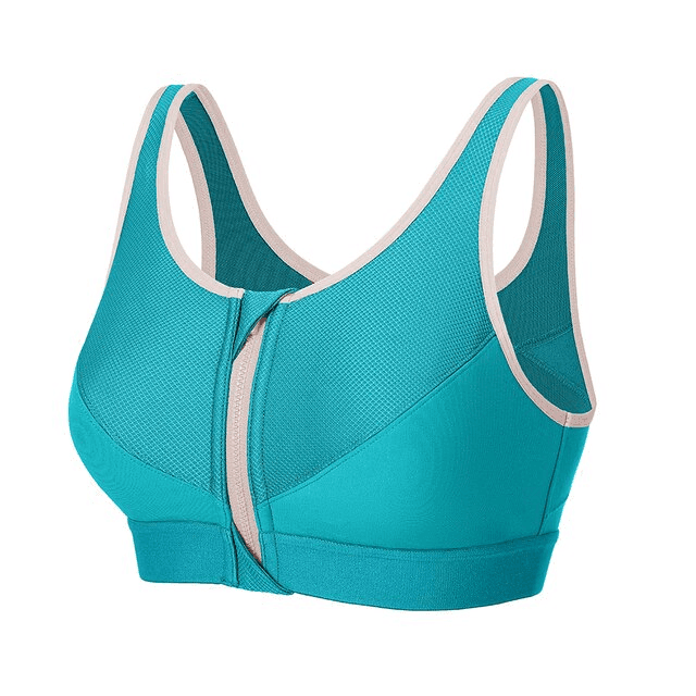 Front view of turquoise front closure sports bra with white trim and wide straps - MissFine