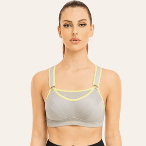 Close-up of molded cup and moisture-wicking mesh panel on gray sports bra - MissFine