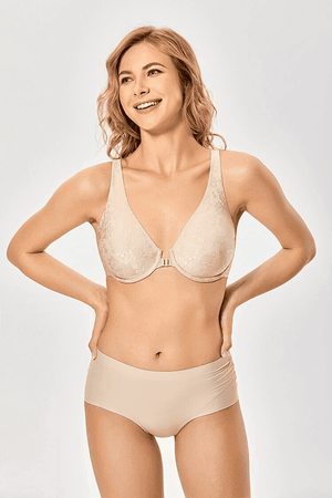Side angle of nude molded full figure front closure bra with lace overlay - MissFine