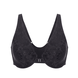 Close-up of floral lace embroidery and front clasp detail on burgundy bra - MissFine