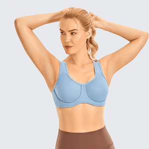 Front view of light blue underwired padded sports bra with full cup coverage - MissFine