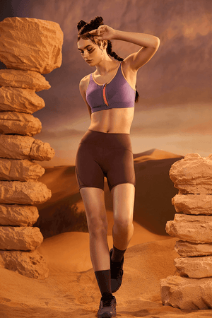 Angled close-up of molded seamless cups on purple non wired full cup bra - MissFine
