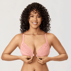 Angled close-up of front clasp and lace upper cups on pink plus size bra - MissFine