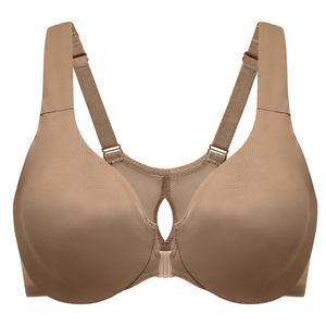 Side angle of nude seamless full coverage bra showing wide adjustable shoulder straps and front clasp - MissFine