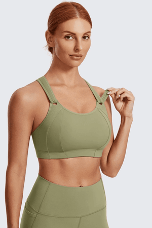Back view of sage green racerback sports bra with contrast mesh panel and posture support design - MissFine