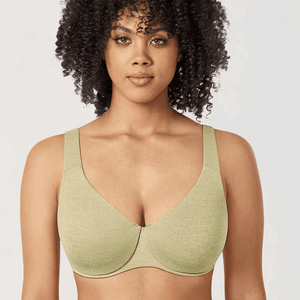 Front view of light blue full cup minimiser bra with smooth moulded cotton cups and underwire support - MissFine