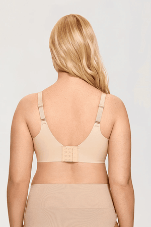Back view of nude non wired bra with wide band and triple hook closure - MissFine