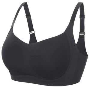 Close-up of breathable molded cup and adjustable strap detail on black bra - MissFine