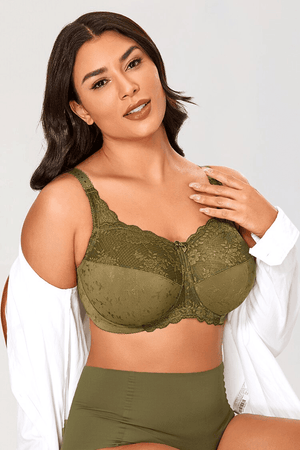 Side angle of green full cup underwire bra showing molded cups and lace trim on neckline - MissFine
