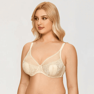 Front view of nude full cup minimiser bra with lace and mesh panels, underwired support and adjustable straps - MissFine