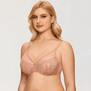 Angled front view showing plunge neckline, sheer upper cups and supportive underwire structure for plus-size fit - MissFine