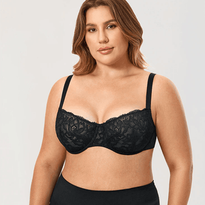Front view of black lace full cup underwired bra with molded cups - MissFine
