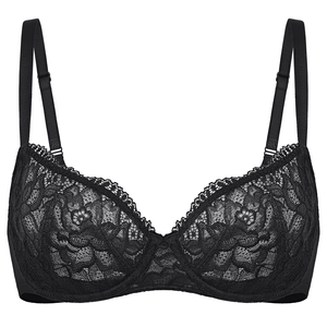 Close-up of floral lace overlay on molded full cup for plus size fit - MissFine