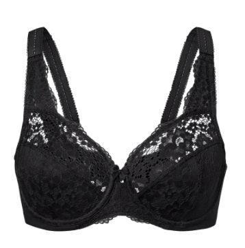 Front view of black lace plus size bra with padded underwire cups and wide straps - MissFine