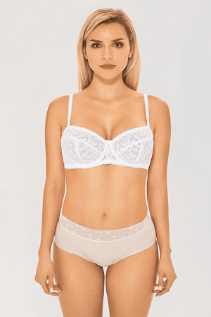 Back view of convertible strapless bandeau bra with lace band, three-hook back closure and adjustable cross-back straps - MissFine