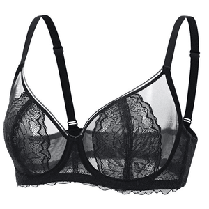 Front view of cream full cup lace bra with V-neckline and sheer mesh panels - MissFine