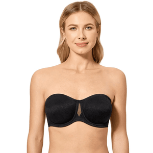 Front view of black seamless strapless bra with sweetheart neckline and mesh gore - MissFine