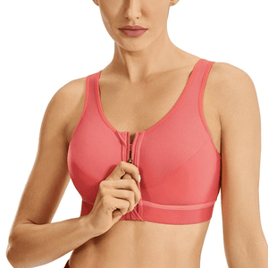 Side angle of coral-pink moulded full cup bra with front zipper and wide straps - MissFine