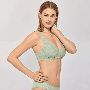 Side angle of green plus size lace bra showing molded cups and adjustable straps - MissFine