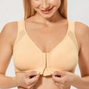 Front view of nude wireless full coverage bra with molded cups and front hook closure - MissFine
