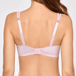 Front view of light pink plus size bra with seamless molded cups and deep V plunge center gore - MissFine