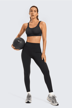 Front view of black seamless sports bra with molded cups and full coverage fit - MissFine