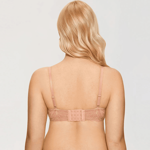 Back view of peach nude lace bra with hook-and-eye closure and wings detail - MissFine
