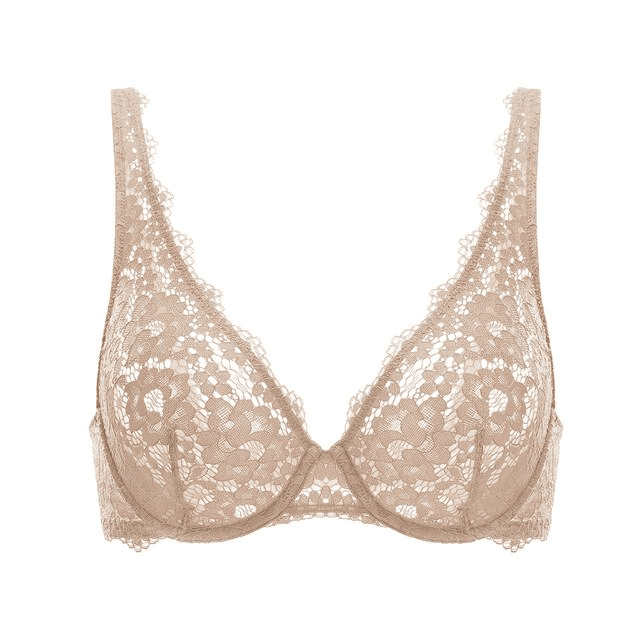 Side angle showing deep V neckline, scalloped lace trim and adjustable straps on padded bra - MissFine