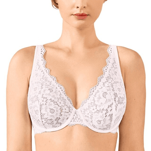 Close-up of floral lace overlay and molded padded cups on supportive plunge bra - MissFine