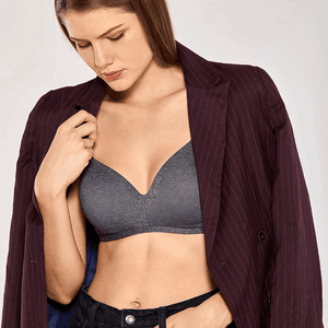 Front view of charcoal gray seamless t shirt bra with molded cups and V-neckline - MissFine