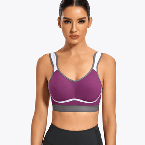 Front view of purple and gray wire-free sports bra with molded full coverage cups - MissFine