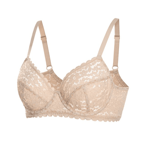 Close-up of romantic floral lace overlay on moulded full cup minimiser bra - MissFine