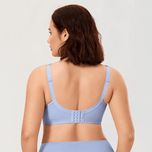 Close-up of lace-trimmed V-neckline on pink wireless full cup cotton bra - MissFine