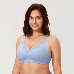 Three-quarter angle of light blue non wired full cup bra with wide adjustable straps - MissFine
