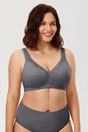 Back view of gray wireless full cup bra with adjustable straps and hook-and-eye closure - MissFine