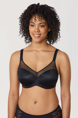 Close-up of seamless molded cups and sheer mesh detailing on sage green bra - MissFine