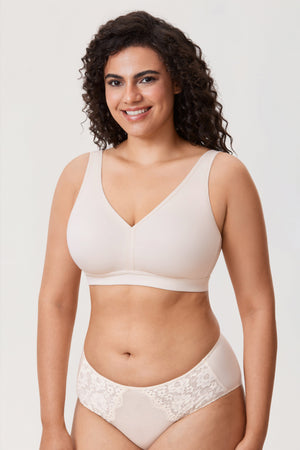 Front view of beige full cup minimiser bra with V-neckline and smooth seamless cups - MissFine
